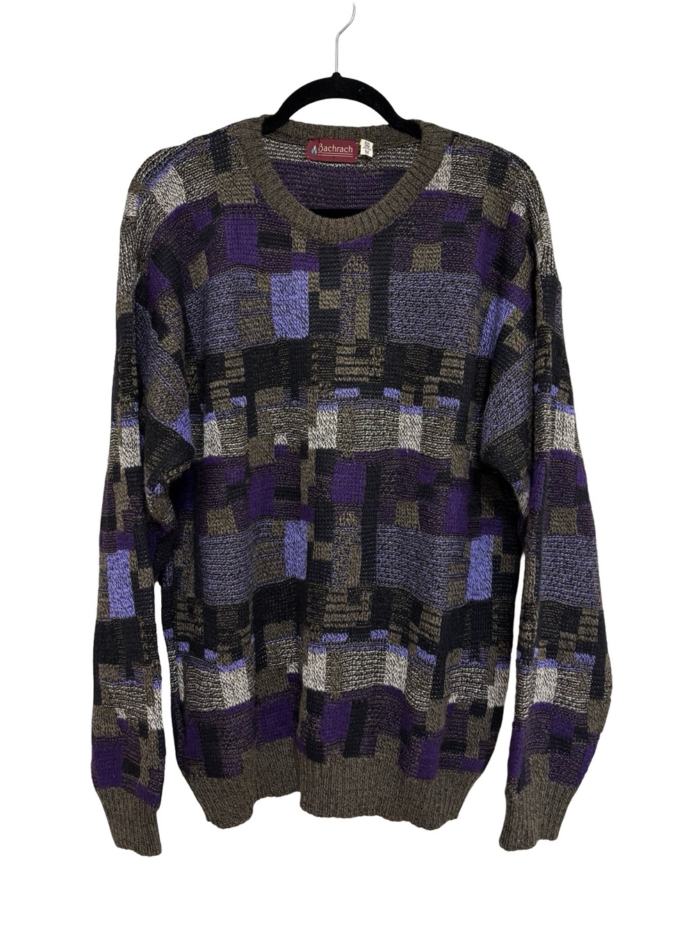 Vintage Bachrach Wool Blend Purple Patchwork Crewneck Grandpa Sweater - Size M